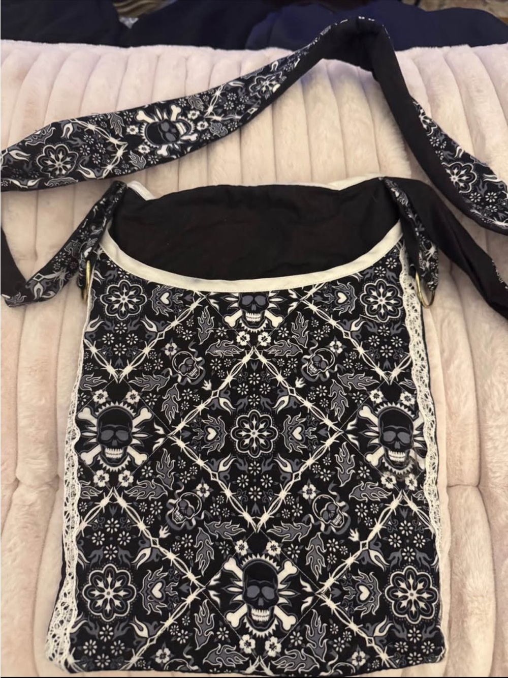 Black Skull-Print Quilted Crossbody Bag with Lace Trim